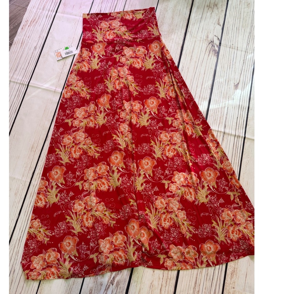 LuLaRoe Maxi Skirt Womens XS Red Floral Print Fold Over Waist Long Flowy NWT
